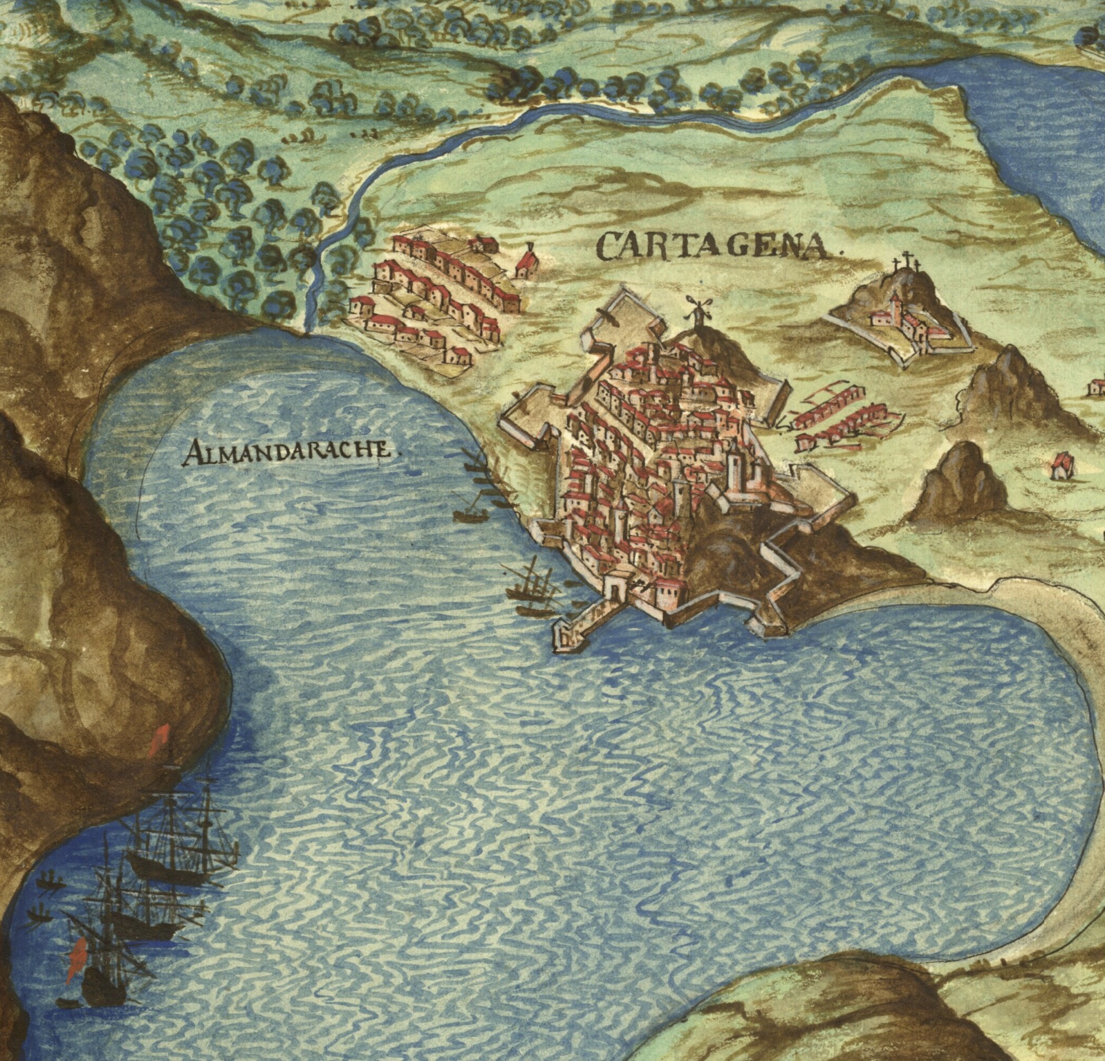 Puerto de Cartagena. <em>La descripción de España y de las costas y puertos de sus reinos</em>, fol. 71r. Pedro Teixeira (1634)