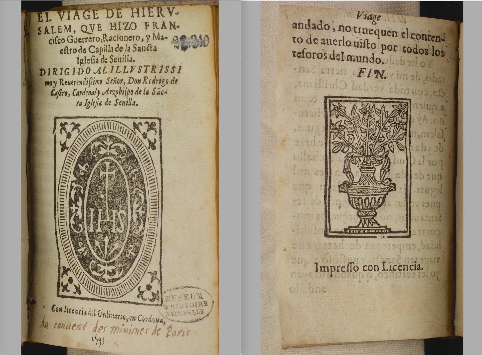 Title page and colophon. <em>Viaje de Hierusalem</em>. Francisco Guerrero. Córdoba: [Diego Galván], [c.1596]